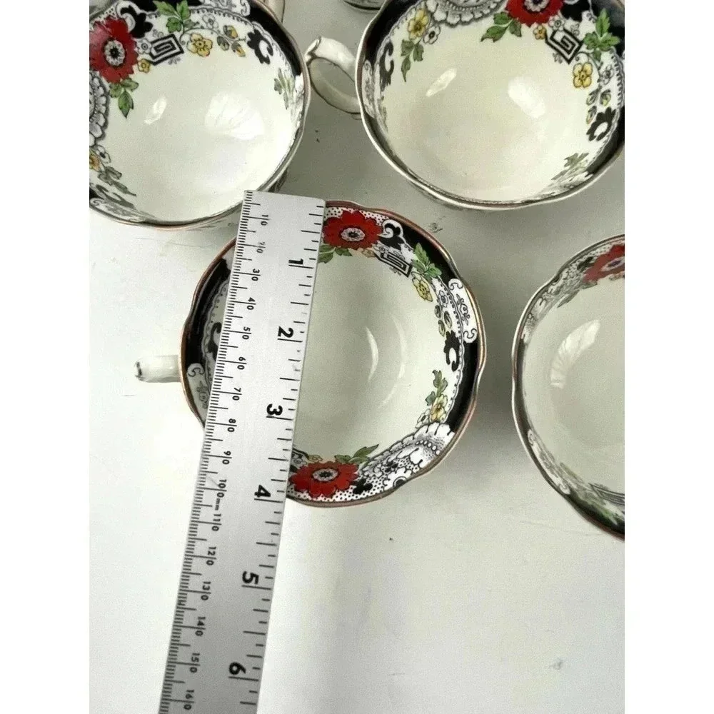 VTG Set of 7 Swansea Tea‎ Cups Floral Pattern Bone China Canton Gold Trim
